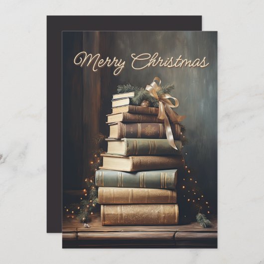 Stack of old books with Christmas Decorations シーズンカード (正面/裏面)
