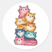 Stacked Cats Watercolour Art Cute Sticker ラウンドシール (正面)