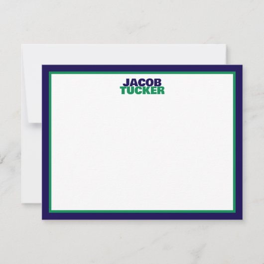 Stacked Name Navy Green Border Preppy Stationery ノートカード (正面)