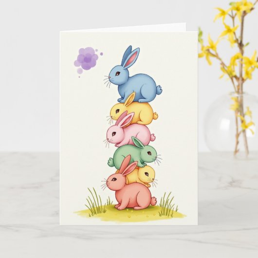 Stacked Rabbit Friends Cute Art Card カード (黄色い花)