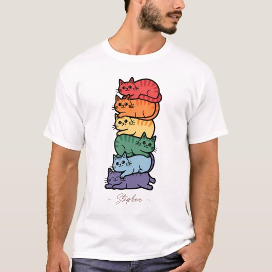 Stacked Rainbow Cats - LGBTQプライドお祝い Tシャツ (正面)
