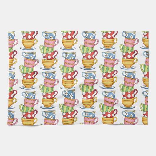 Stacked Teacups Teatime Illustration キッチンタオル (横)