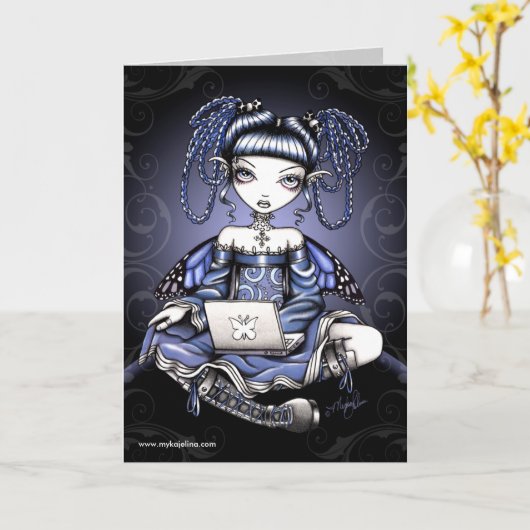 Stacyの青いラップの上の妖精カード カード (黄色い花)