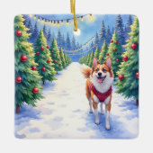 Staffordshire Bull Terrier at Christmas Tree Farm  セラミックオーナメント (正面)