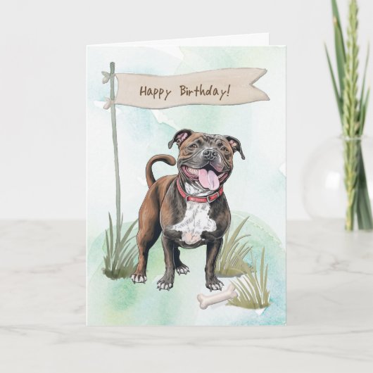 Staffordshire Bull Terrier Dog Under Birthday Sign カード (正面)