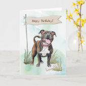 Staffordshire Bull Terrier Dog Under Birthday Sign カード (黄色い花)