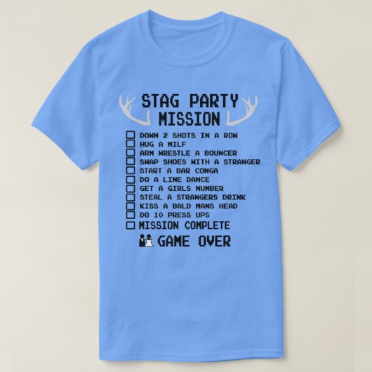 Stagパーティーチェックリストおもしろいバチェラーシャツ2 Tシャツ (デザイン正面)