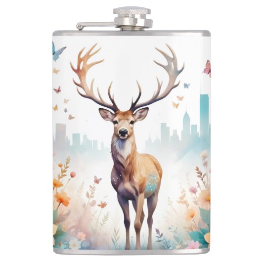 Stagヴィンテージ動物自然森林花アート フラスク (正面)