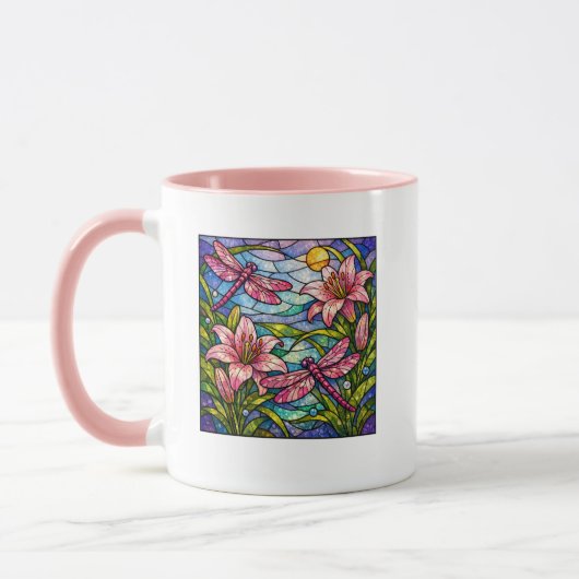 Stain Glass Lilies and Dragon Flies Pink マグカップ (左)