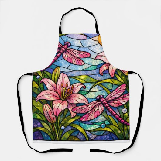 Stain Glass Lilies and Dragonflies Pink エプロン (正面)