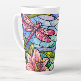 Stain Glass Lilies and Dragonflies Pink カフェラテマグ