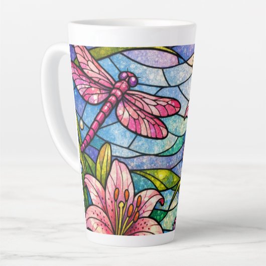 Stain Glass Lilies and Dragonflies Pink カフェラテマグ (左アングル)