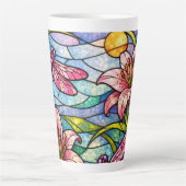 Stain Glass Lilies and Dragonflies Pink カフェラテマグ (正面)