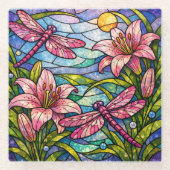Stain Glass Lilies and Dragonflies Pink ガラスコースター (正面)
