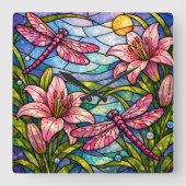 Stain Glass Lilies and Dragonflies Pink スクエア壁時計 (正面)