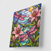 Stain Glass Lilies and Dragonflies Pink スクエア壁時計 (傾斜)
