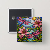 Stain Glass Lilies and Dragonflies Pink 缶バッジ (正面&裏面)