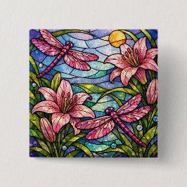 Stain Glass Lilies and Dragonflies Pink 缶バッジ