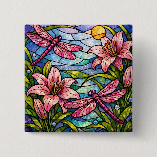 Stain Glass Lilies and Dragonflies Pink 缶バッジ (正面)