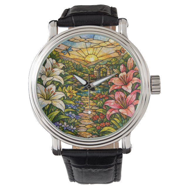Stain Glass Lilies and Sunshine 腕時計 (正面)