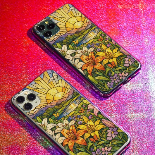Stain Glass Lilies Butterflies and Sunshine iPhoneケース