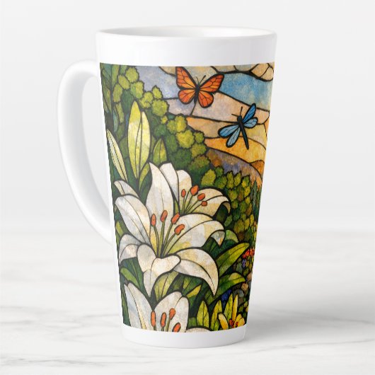Stain Glass Lilies Butterflies Sunshine カフェラテマグ (左アングル)