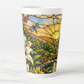 Stain Glass Lilies Butterflies Sunshine カフェラテマグ (正面)