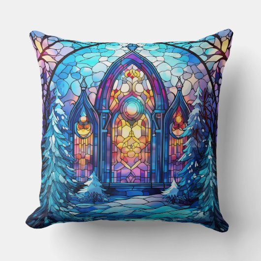 Stained Glass Art Throw Pillow – Holiday Floral  クッション (正面)