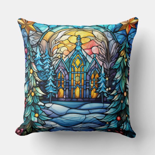 Stained Glass Art Throw Pillow – Holiday Floral クッション (正面)