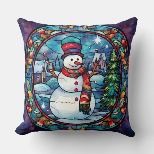 Stained Glass Art Throw Pillow – Holiday Floral  クッション (正面)