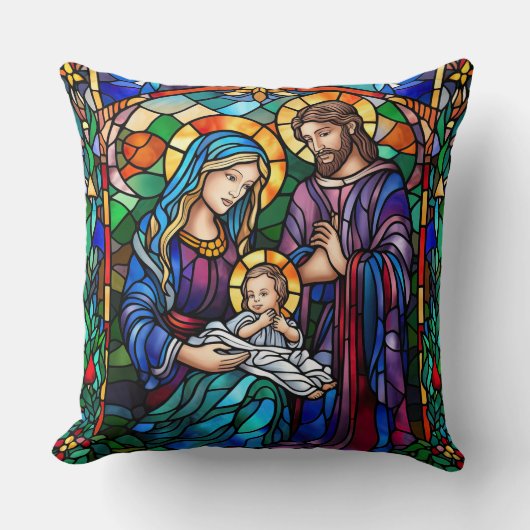 Stained Glass Art Throw Pillow – Holiday Floral  クッション (正面)