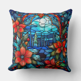 Stained Glass Art Throw Pillow – Holiday Floral クッション