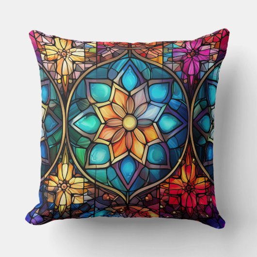 Stained Glass Art Throw Pillow – Holiday Floral  クッション (正面)