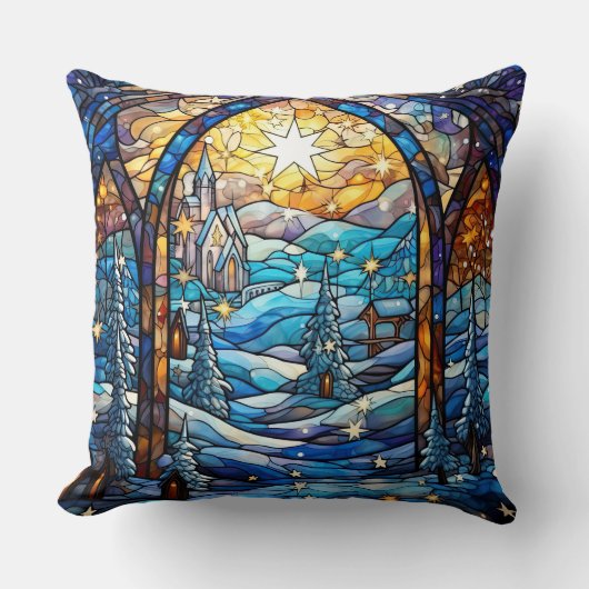Stained Glass Art Throw Pillow – Holiday Floral  クッション (正面)