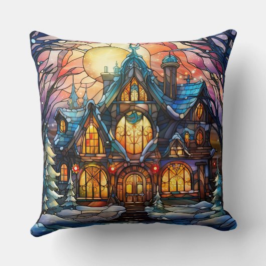 Stained Glass Art Throw Pillow – Holiday Floral  クッション (裏面)