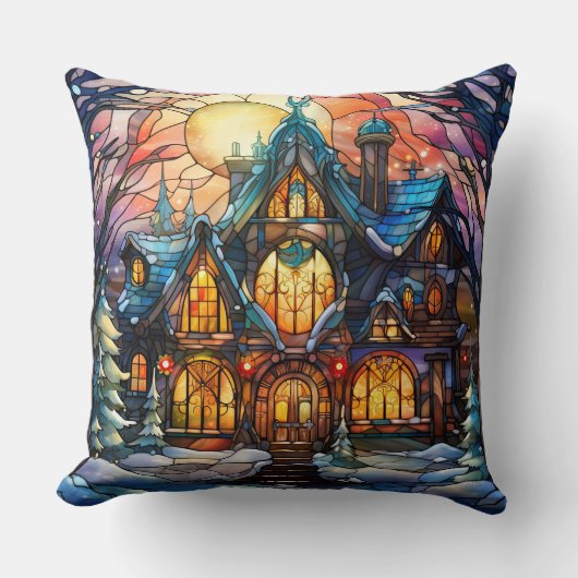 Stained Glass Art Throw Pillow – Holiday Floral  クッション (正面)