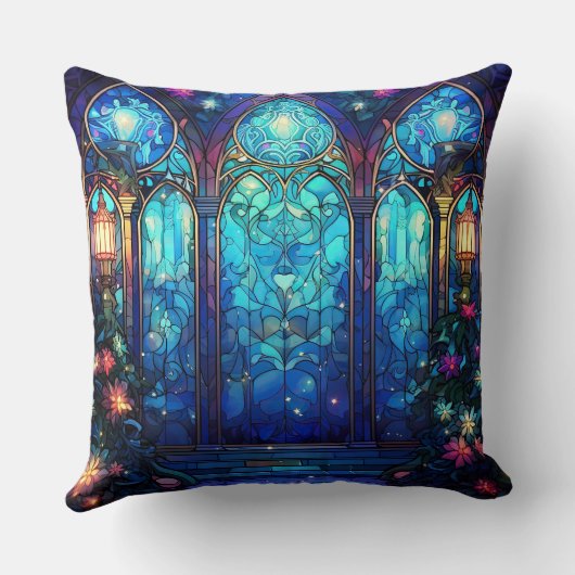 Stained Glass Art Throw Pillow – Holiday Floral  クッション (裏面)