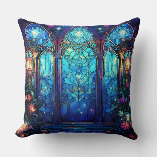 Stained Glass Art Throw Pillow – Holiday Floral クッション (正面)