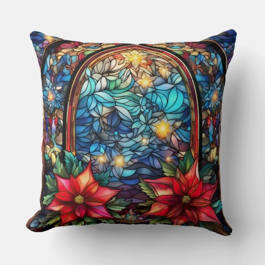 Stained Glass Art Throw Pillow – Holiday Floral  クッション (正面)
