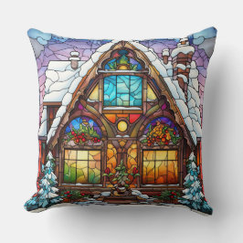 Stained Glass Art Throw Pillow – Holiday Floral クッション