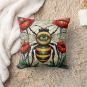 Stained Glass Bee Eye Poppies Whimsical Insect Art クッション (ブランケット)
