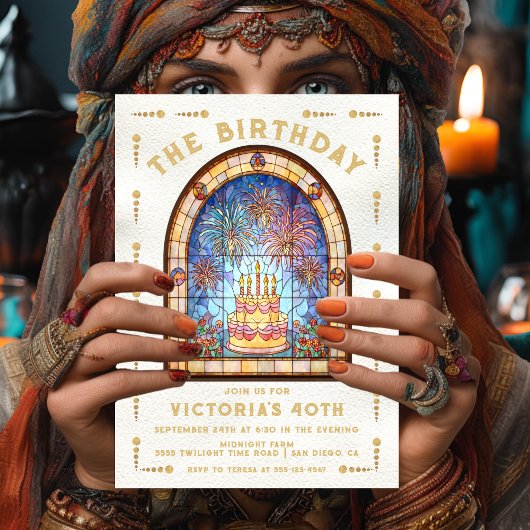 Stained Glass Birthday Party Cake Tarot Card 招待状