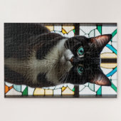 Stained Glass Black and White Cat Jigsaw Puzzle ジグソーパズル (横)