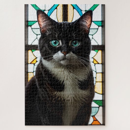 Stained Glass Black and White Cat Jigsaw Puzzle ジグソーパズル (縦)