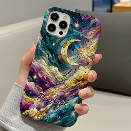 Stained glass blue green moon iPhone 16ケース