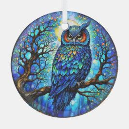 Stained-Glass Blue Owl Circular Glass Ornament ガラスオーナメント