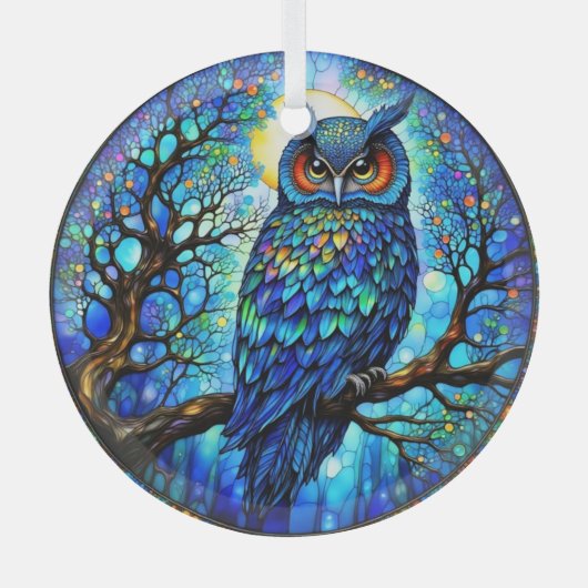 Stained-Glass Blue Owl Circular Glass Ornament ガラスオーナメント (正面)