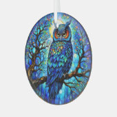 Stained-Glass Blue Owl Circular Glass Ornament ガラスオーナメント (正面左)