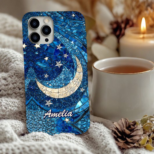 Stained glass blue silver moon Case-Mate iPhoneケース