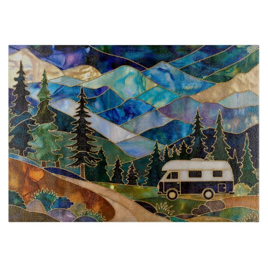 Stained Glass Camper Mountain Landscape カッティングボード (正面)